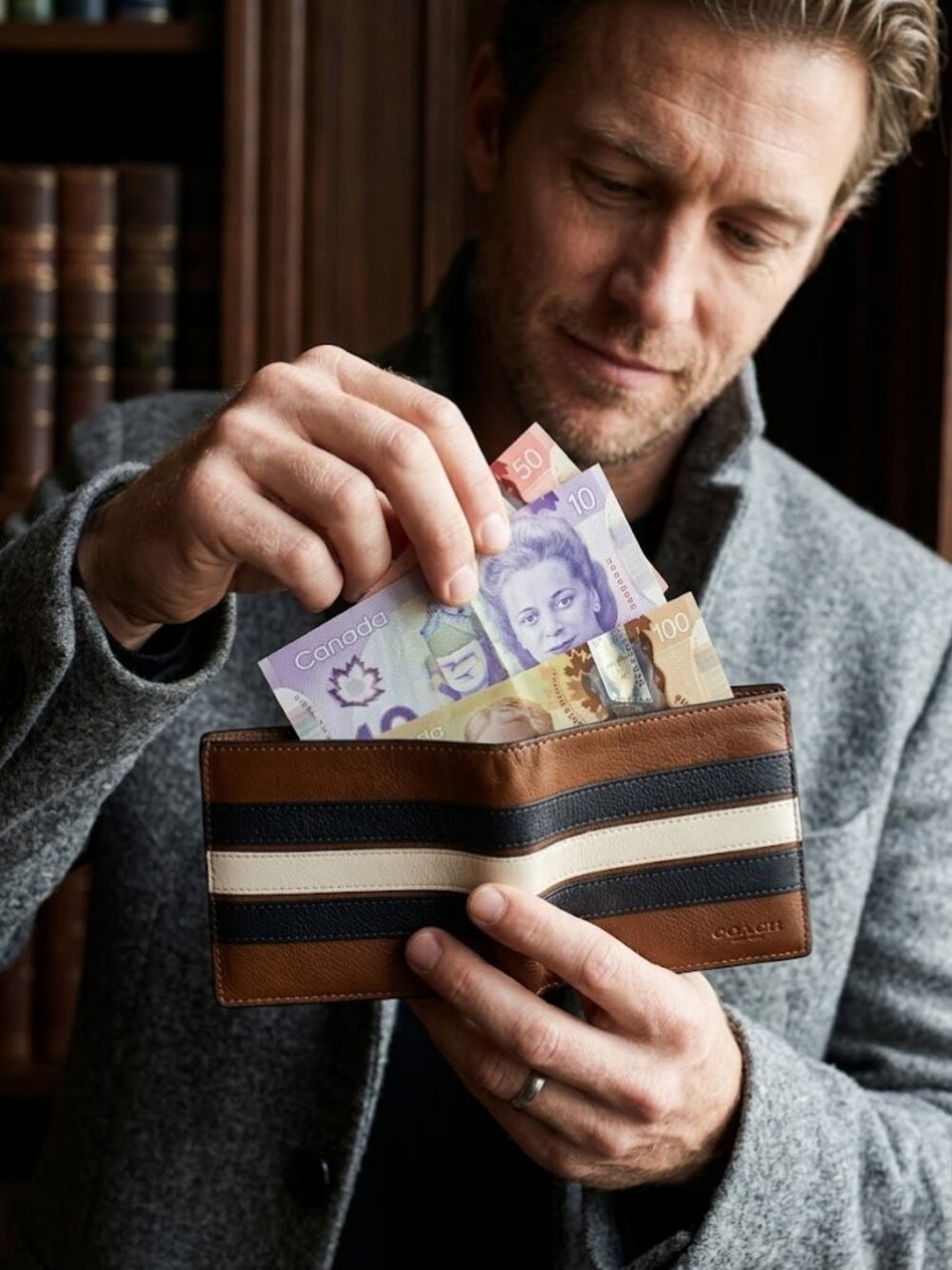 Coach Men’s Vintage Bifold 3 Stripes Brown and Off White Wallet